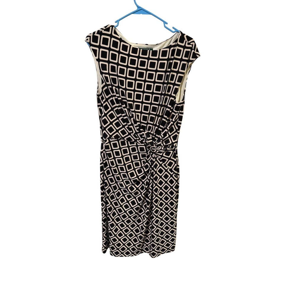 Lauren Ralph Lauren Size 14 Black Cream Geometric Square Print Knot Front Dress